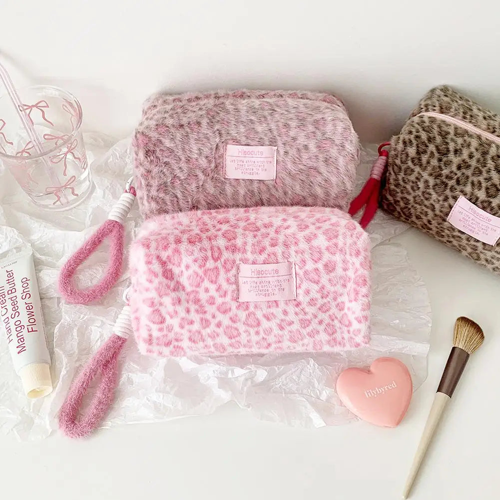 Leopard Print Plush Makeup Bag with Carry Handle