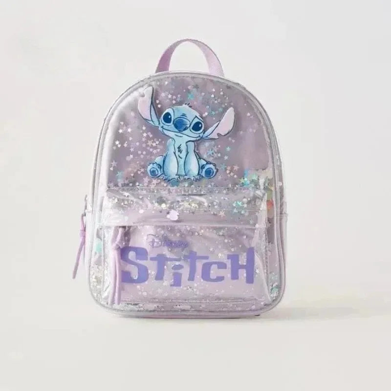 A purple Stitch Disney character backpack with a cow print design and glitter accents.