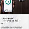 A mobile app interface shows options to add members for co-use and control of a fingerprint padlock.