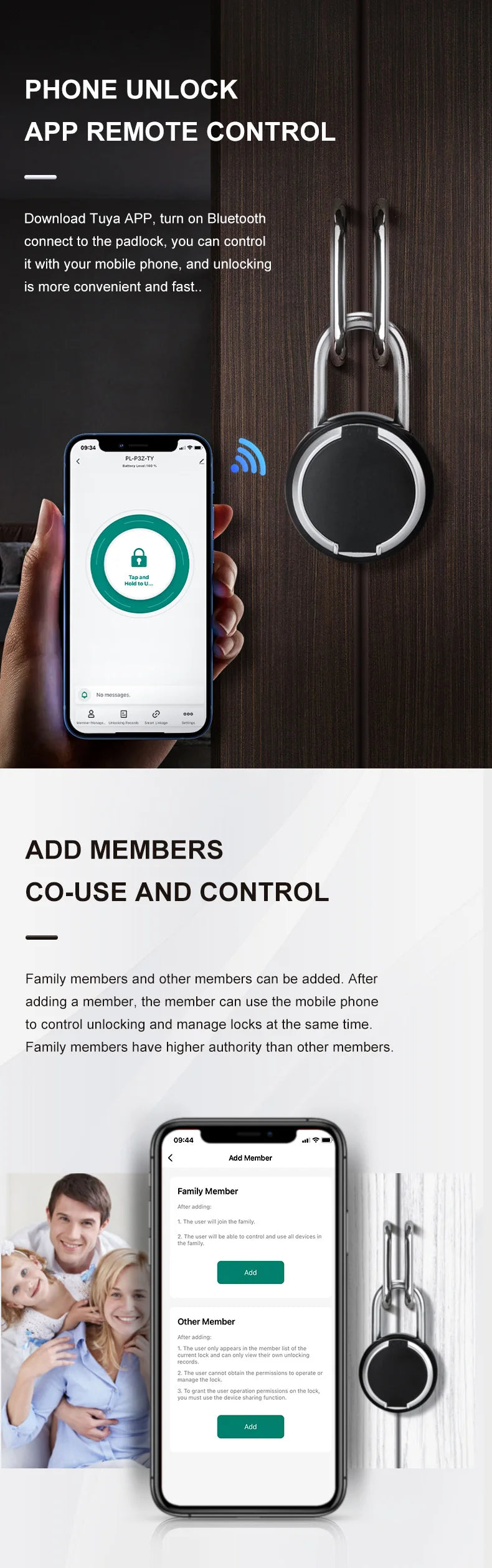 A mobile app interface shows options to add members for co-use and control of a fingerprint padlock.