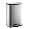 A modern stainless steel trash can with a soft-close lid and a step pedal.