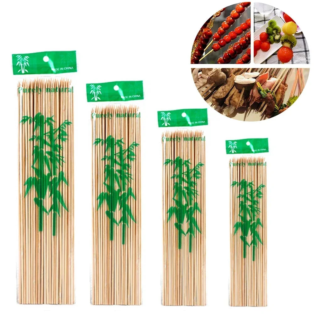 A set of natural bamboo skewers for BBQ and grilling, packaged with green labels.