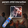 A parent uses a flashlight to project an outer space scene onto the face of a child during a parent-child interaction.
