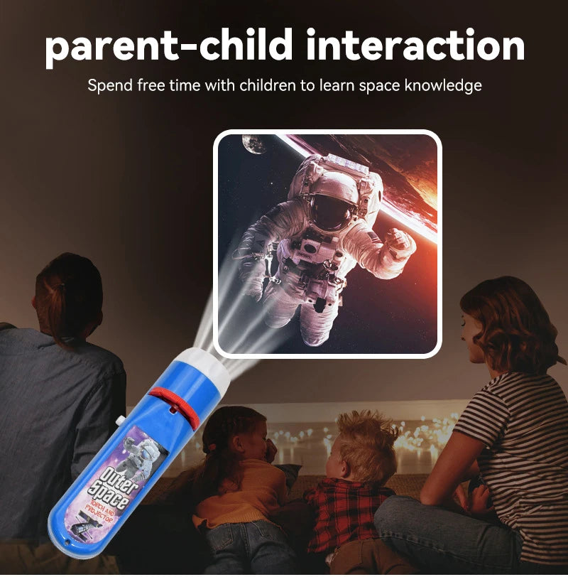 A parent uses a flashlight to project an outer space scene onto the face of a child during a parent-child interaction.