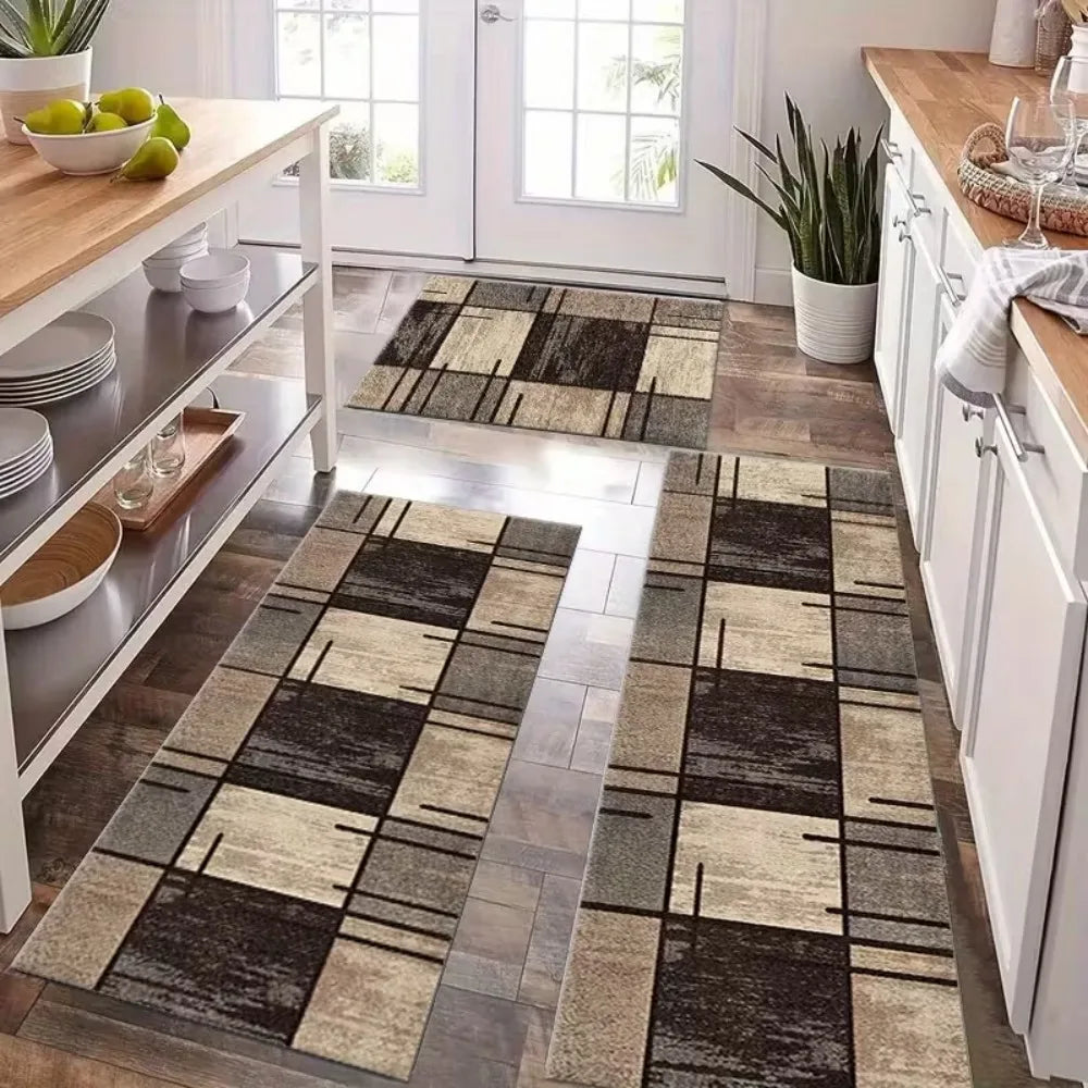 A rectangular floor mat with a modern checkered pattern in shades of gray and brown is placed on a wooden floor.