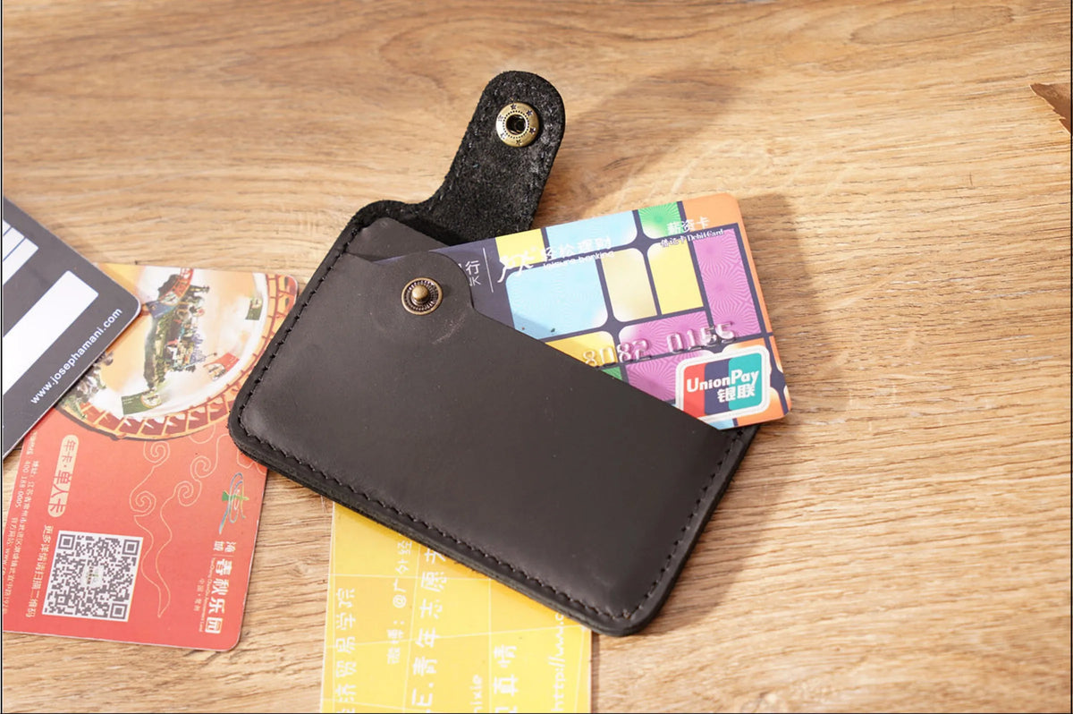 Vintage Leather Slim Card Holder with Snap Closure