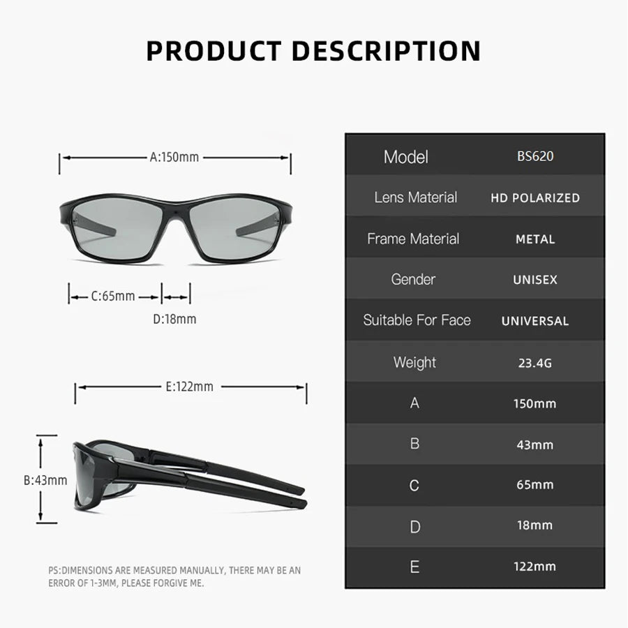 A product description showing various measurements and views of a pair of black polarized sunglasses.