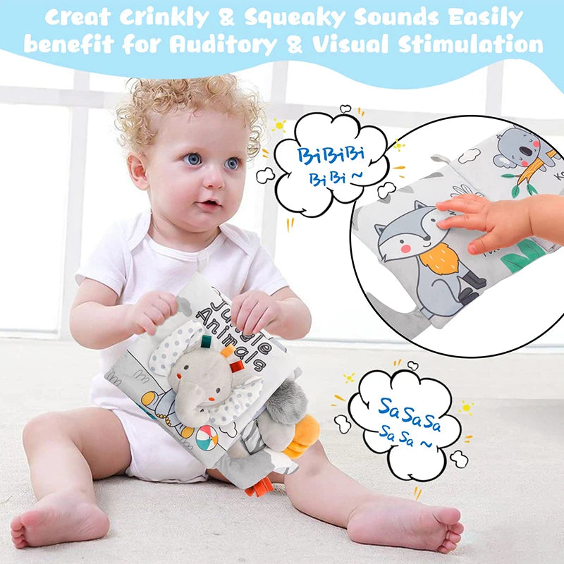 High-Contrast Soft Cloth Book with 3D Touch & Sensory Sounds for Babies 0-12 Months
