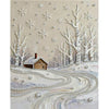 A textured painting featuring white birch trees and falling pearls on a snowy landscape.
