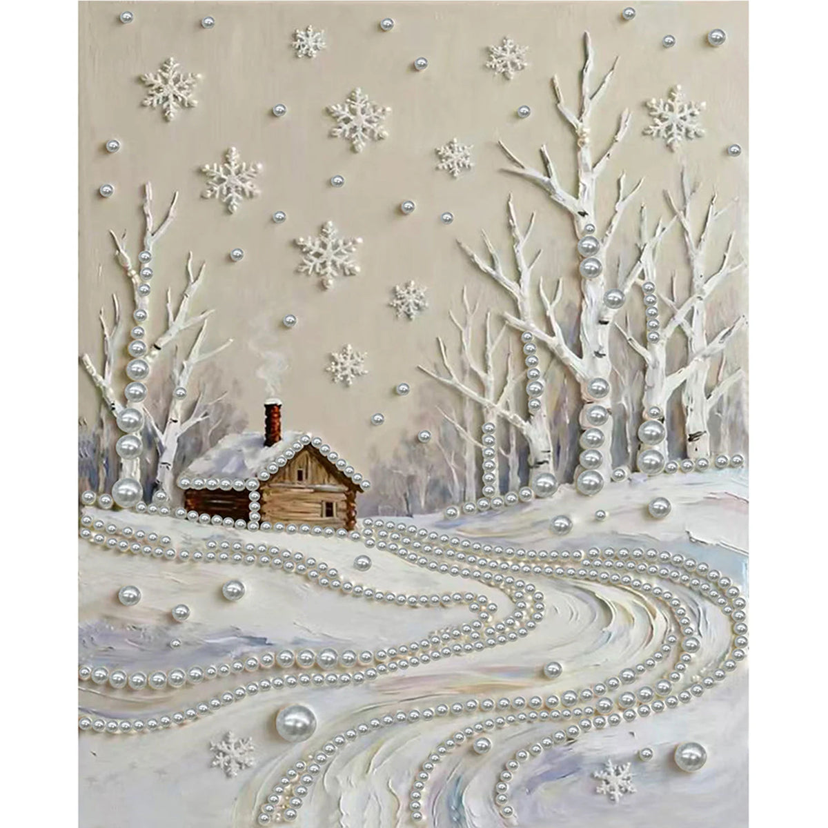 A textured painting featuring white birch trees and falling pearls on a snowy landscape.