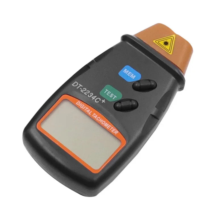 A black digital tachometer device with an orange display and a brown top, showing measurement buttons.