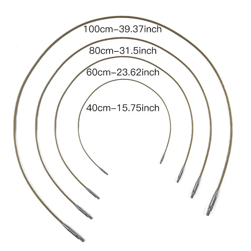 A set of aluminum crochet hooks with interchangeable cords shown in an arc, demonstrating various sizes.