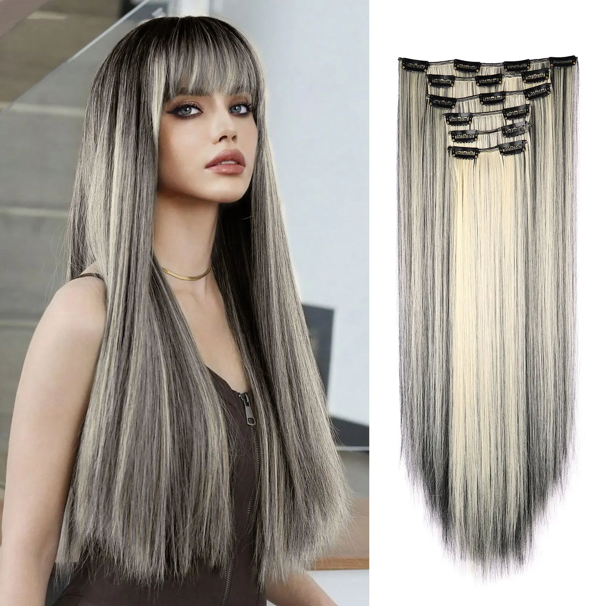 Un mannequin montre de longs cheveux gris lisses avec des reflets blonds, avec un ensemble d'extensions capillaires clip-in.