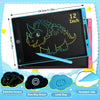 A black LCD writing tablet for kids showing a dinosaur drawing, with accessories like an erase key and lock key.