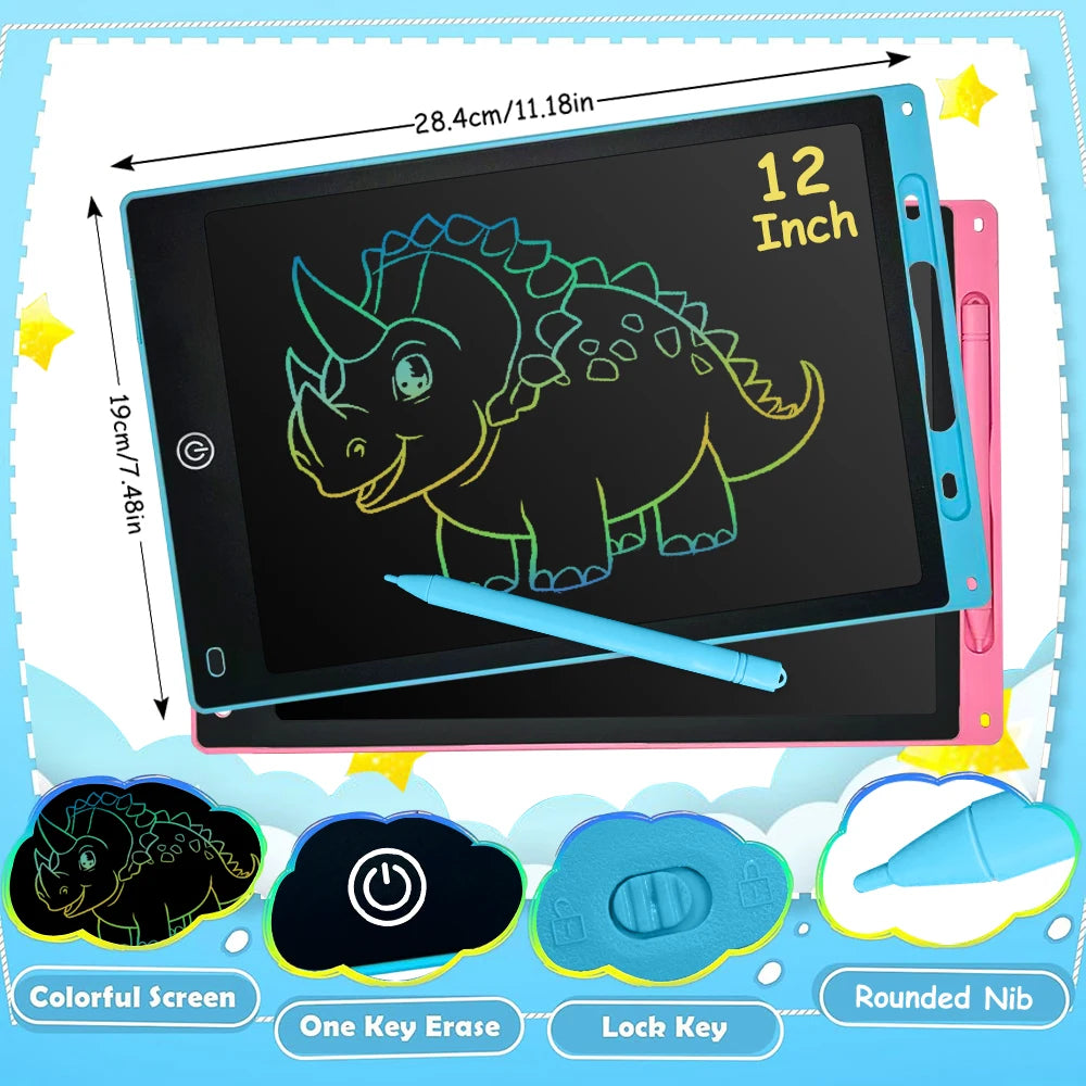 A black LCD writing tablet for kids showing a dinosaur drawing, with accessories like an erase key and lock key.