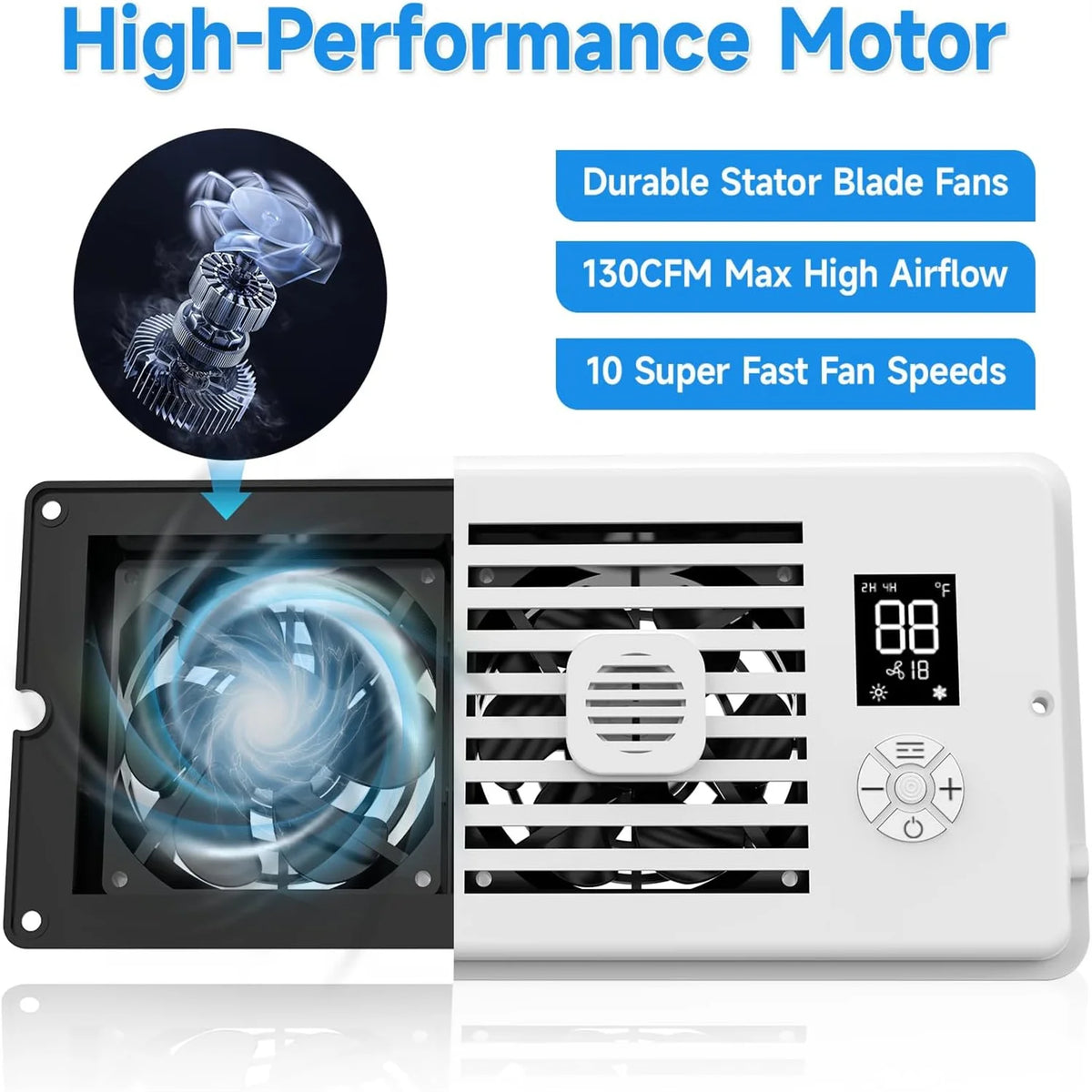 A high-performance motor fan unit with a visible internal blade and control panel featuring a digital display and fan speed s
