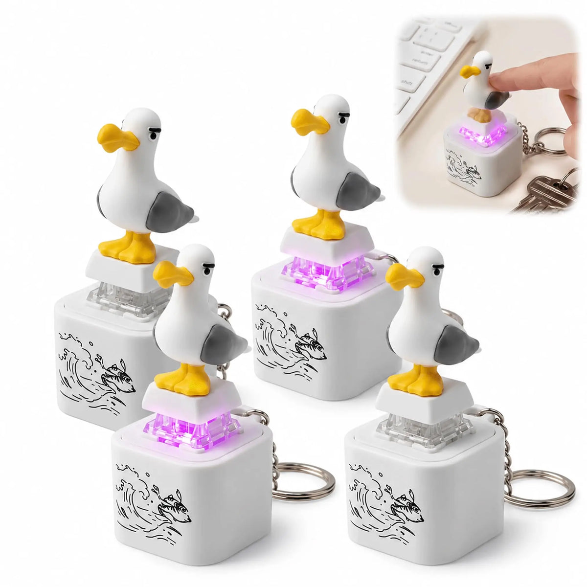 A white seagull figurine keychain fidget toy with an LED light resting on a clear base.