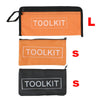 Three tool kits in orange and black fabric pouches labeled L, S, and S.