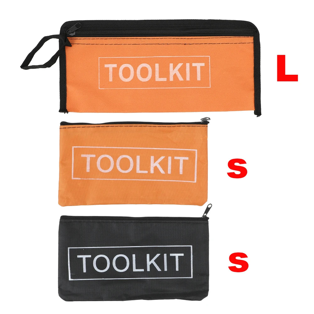 Three tool kits in orange and black fabric pouches labeled L, S, and S.