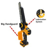 A yellow and black cordless chainsaw with a big handguard and lubrication system.