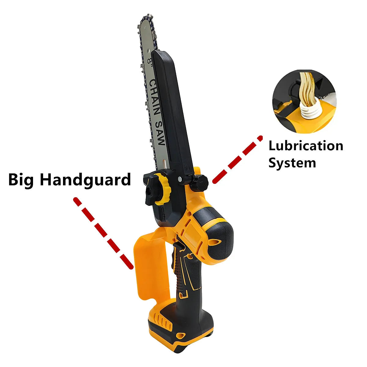 A yellow and black cordless chainsaw with a big handguard and lubrication system.