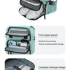 A large capacity teal backpack showing various compartments including a laptop sleeve, shoe storage, and side pockets.