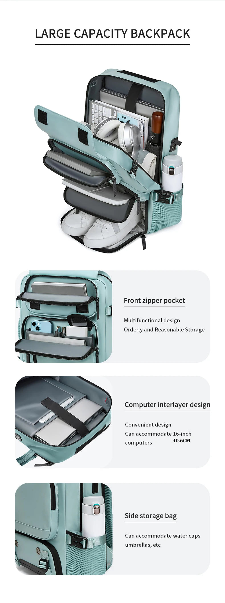 A large capacity teal backpack showing various compartments including a laptop sleeve, shoe storage, and side pockets.