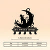 Black silhouette of a cat sitting on a crescent moon design with the text My Sweet Home and size specifications.