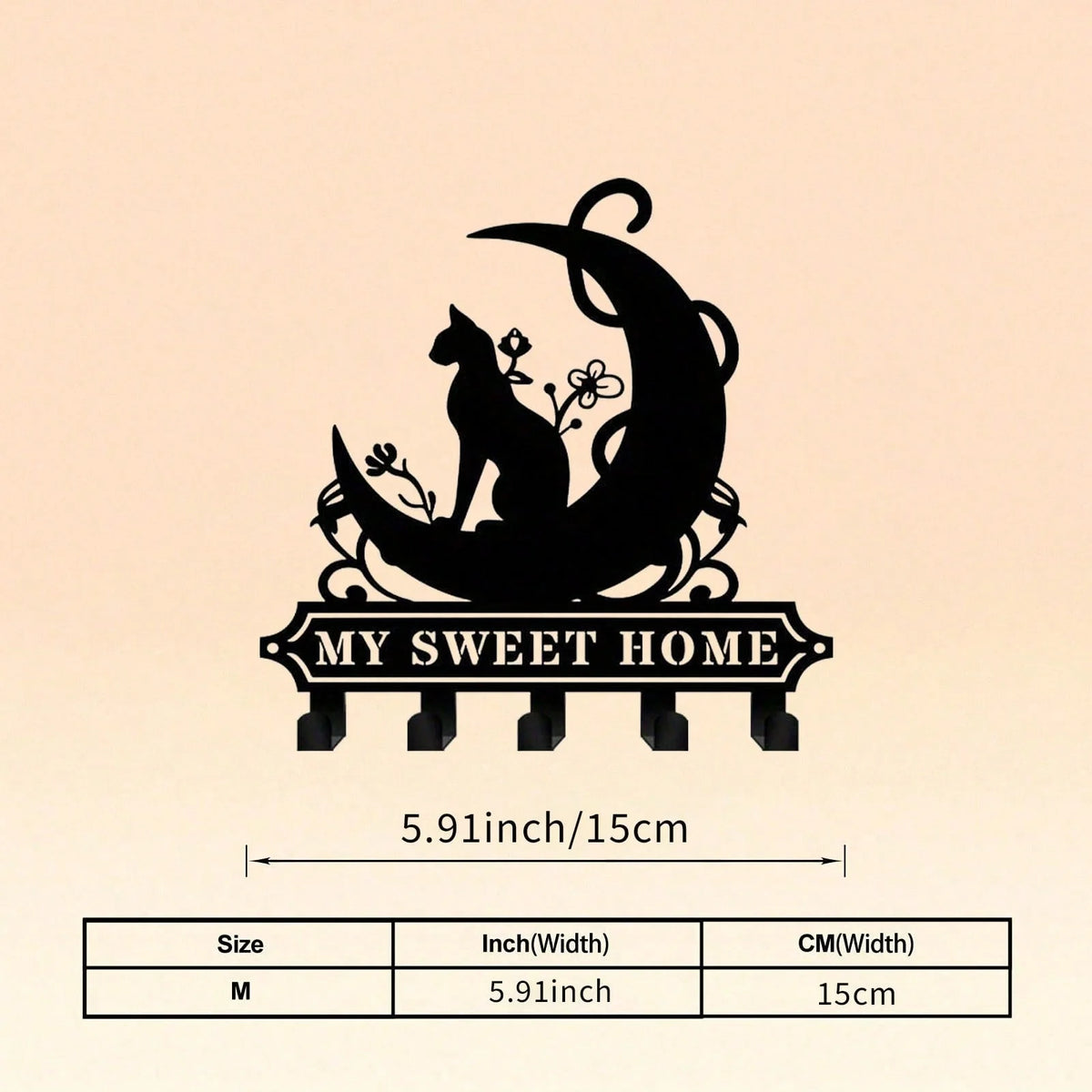 Black silhouette of a cat sitting on a crescent moon design with the text My Sweet Home and size specifications.