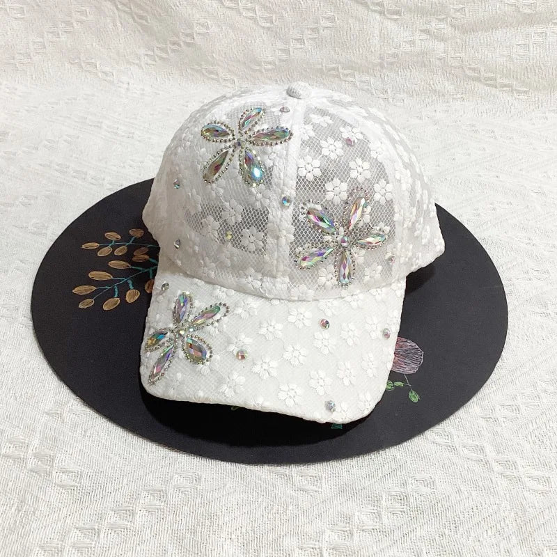 Lace Butterfly Snapback Cap with Rhinestone Accents
