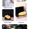 A yellow electrostatic duster is shown cleaning various surfaces including electronics, books, car interiors, and corners.