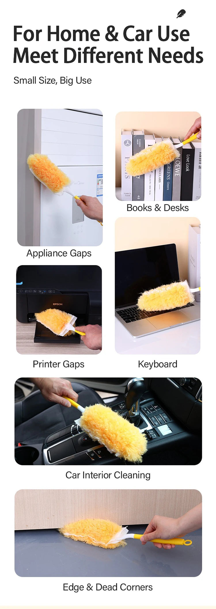 A yellow electrostatic duster is shown cleaning various surfaces including electronics, books, car interiors, and corners.