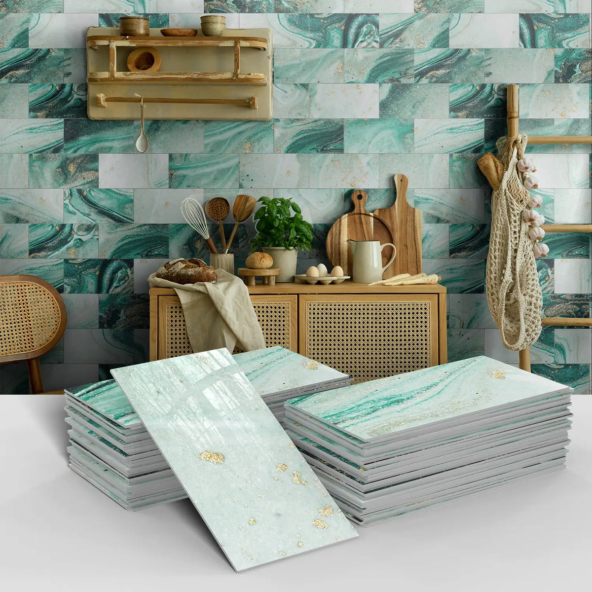 Stacks of light green marble self-adhesive wall stickers displayed against a teal and gray marbled background.