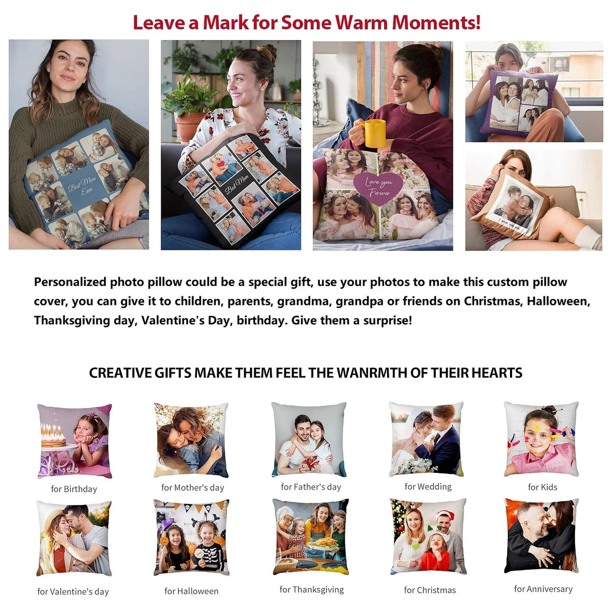 A collection of personalized photo throw pillow covers for various occasions like birthday, Valentine's Day, and Christmas.