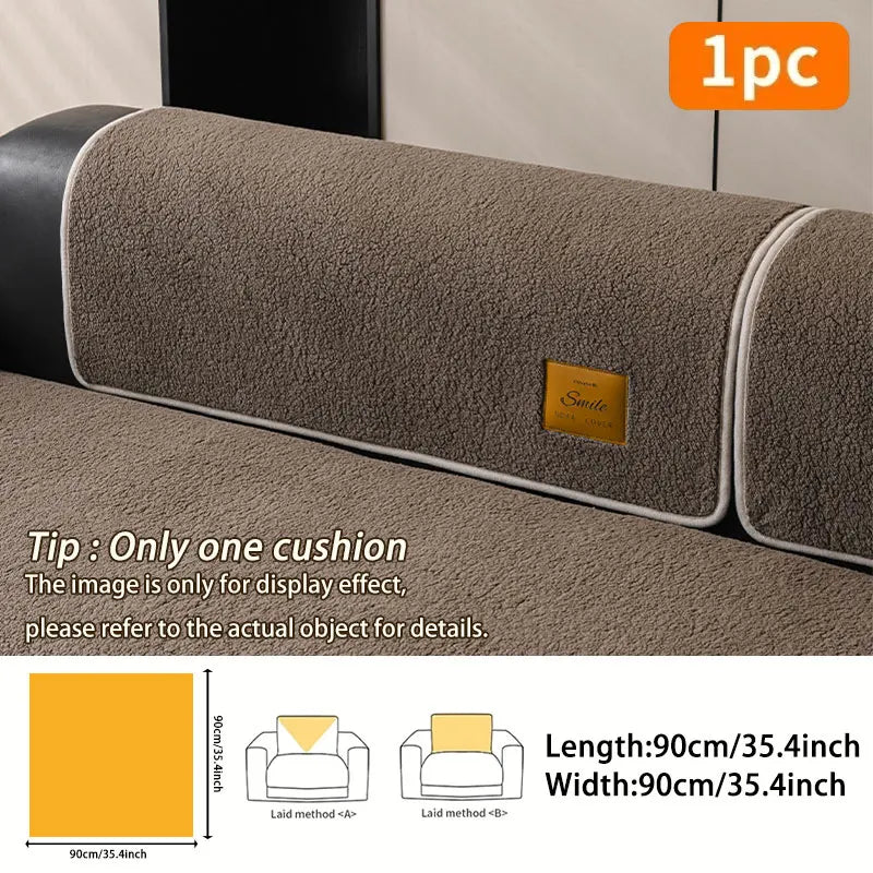 A tan lamb fleece sofa mat is shown with dimensions and usage examples.