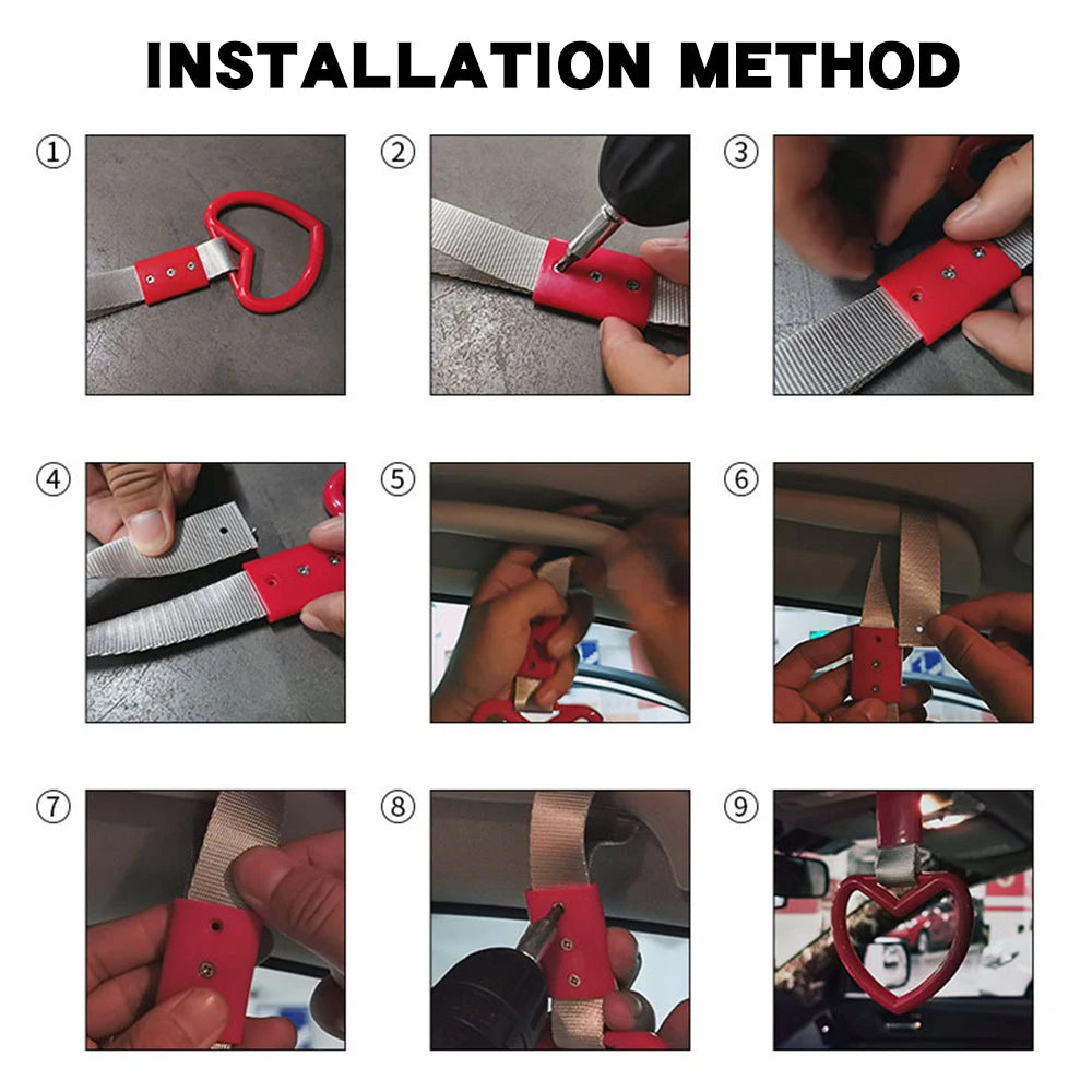 Installation method showing the process of attaching a red ring drift handle to a strap for a JDM Tsurikawa ring.