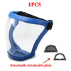 A clear blue protective face mask with a silicone seal and a detachable breathable plate shown from above.