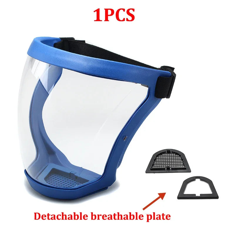A clear blue protective face mask with a silicone seal and a detachable breathable plate shown from above.
