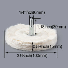 A set of cotton polishing buffing wheels with a 1/4 inch shank and various sizes shown on a gray background.