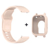 A light beige silicone watch band and protective case for a smartwatch, shown separately.