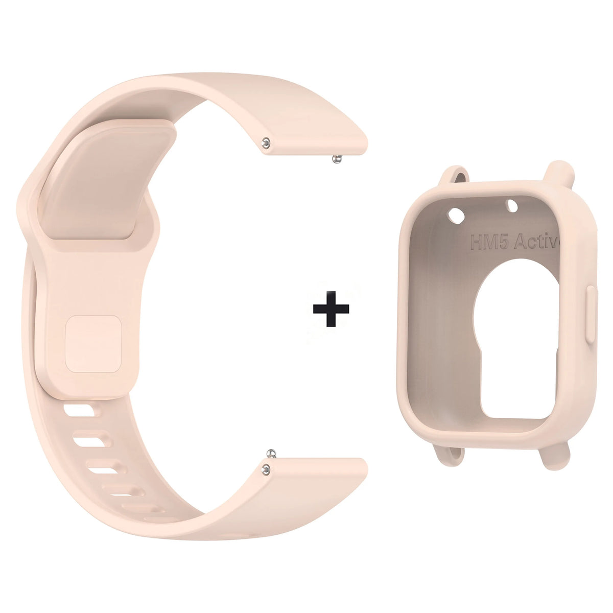 A light beige silicone watch band and protective case for a smartwatch, shown separately.