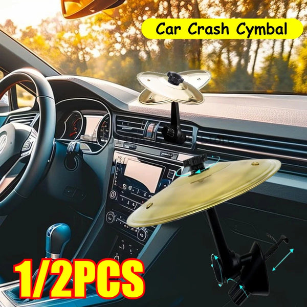 Two car crash cymbal drum accessories are shown mounted in a car interior dashboard