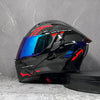A black modular flip-up motorcycle helmet with a blue reflective visor displayed against a gray background.