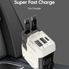 A white 4-in-1 car charger with multiple ports is shown resting on a car interior surface.