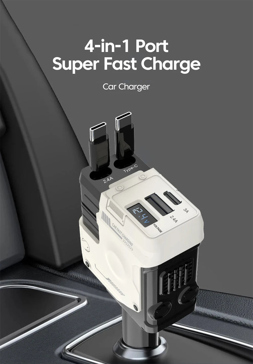 A white 4-in-1 car charger with multiple ports is shown resting on a car interior surface.