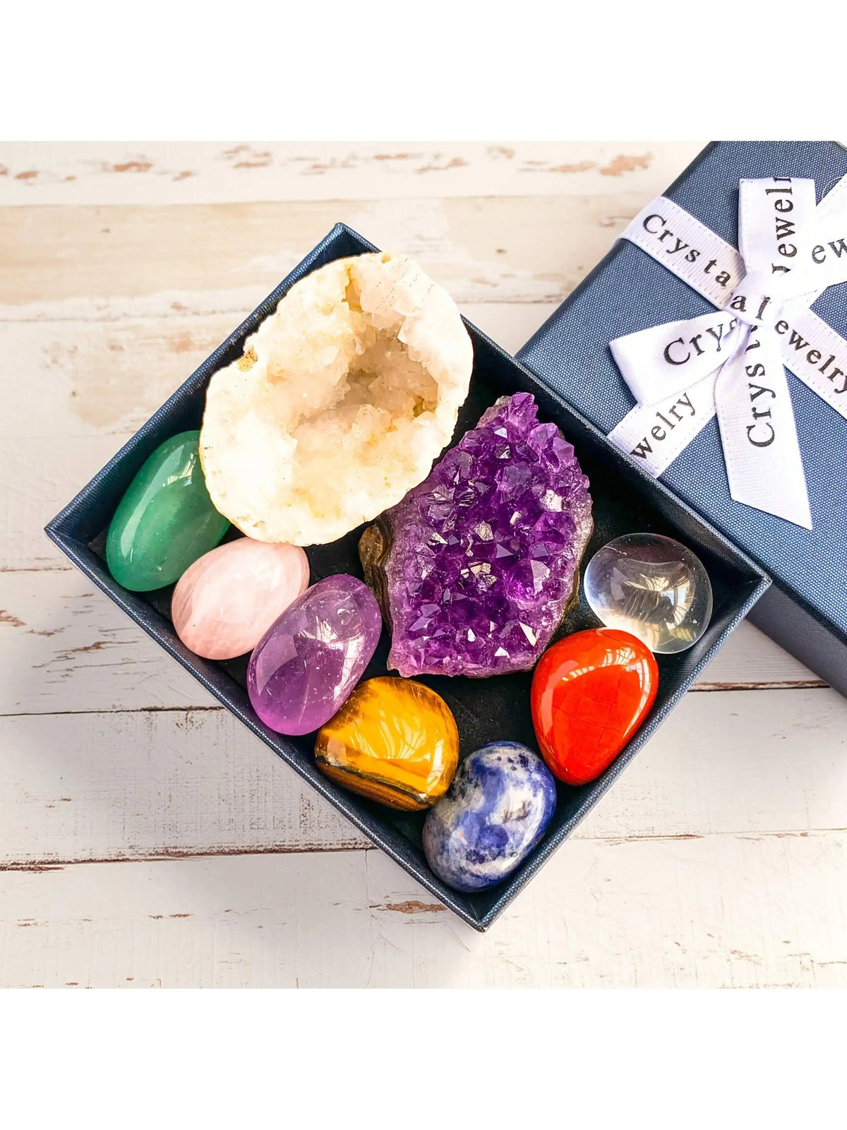 Natural Crystal Chakra Set with Amethyst, Agate, and Selenite