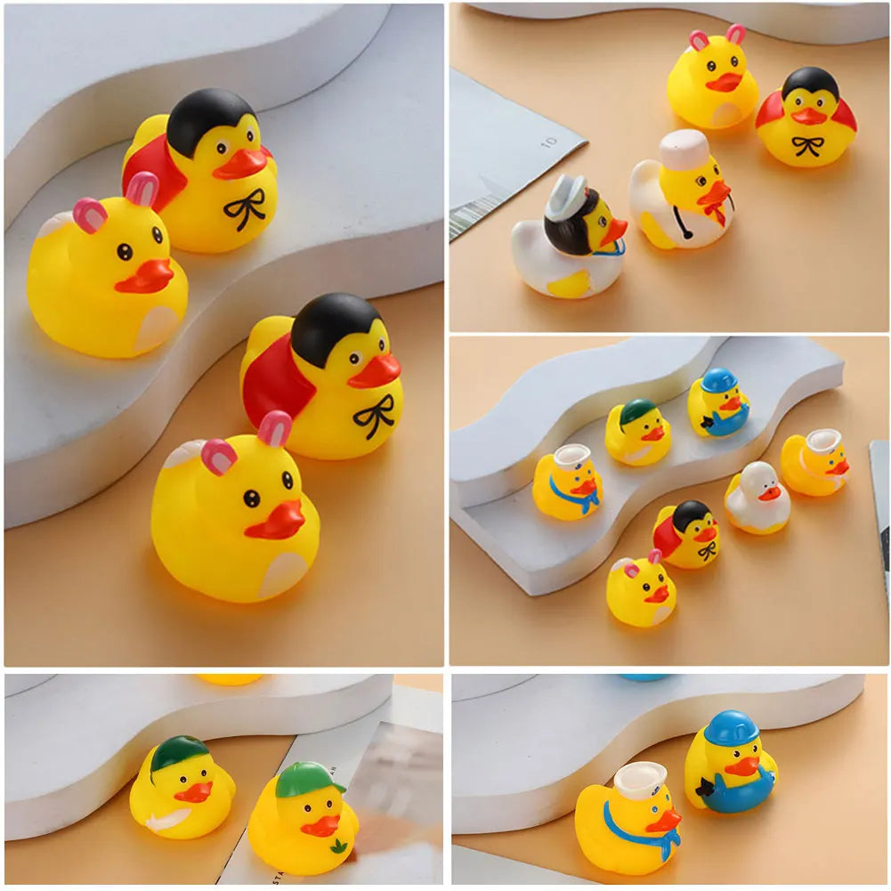 A collection of yellow and black squeaky rubber duck bath toys for kids arranged on a light wooden surface.