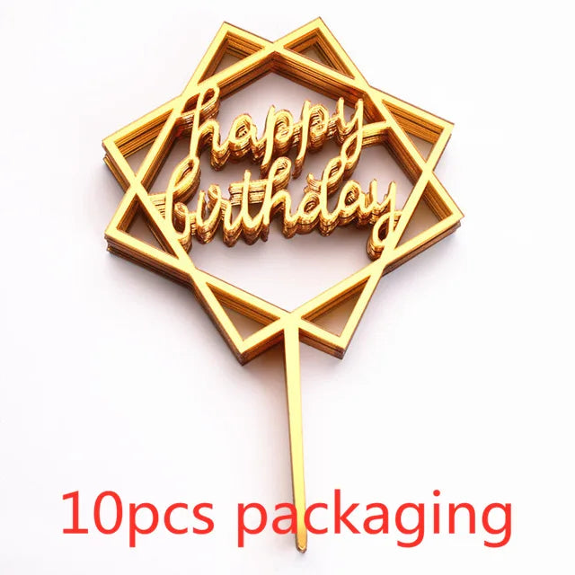 Gold Acrylic Happy Birthday Cake Toppers (Set of 10)