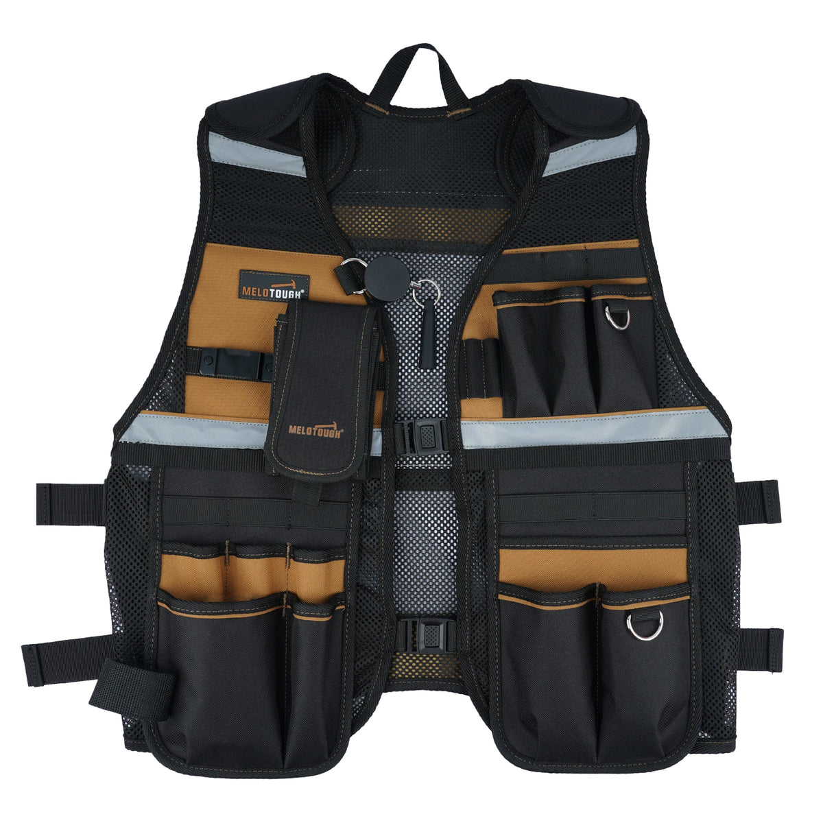 Black vest with multiple pockets and a phone holder for tools