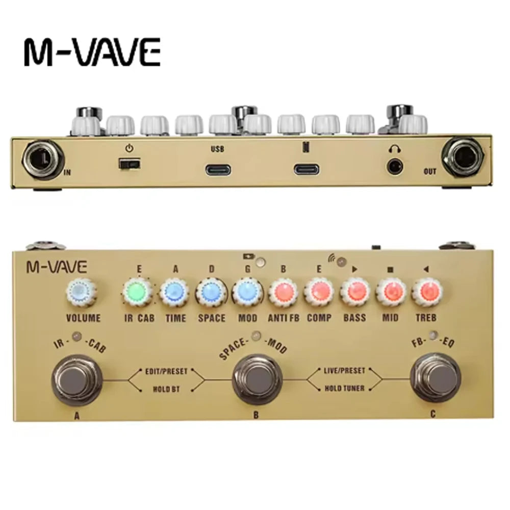 M-VAVE multi-effects guitar pedal featuring input/output jacks, USB port, and various effect controls.